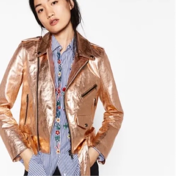 ZARA | Metallic Rose Gold Women's Vegan Leather Jacket - Picture 2 of 14